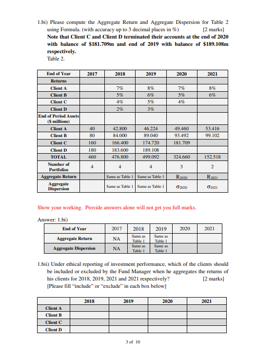1 Bi Please Compute The Aggregate Return And Aggregate Dispersion For Table 2 Using Formula With Accuracy Up To 3 Dec 1