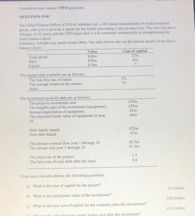 Candidates Must Answer Two Questions Question One The Chief Finance Officer Cfo Of Adelpha Ltd A Uk Based Manufacture 1