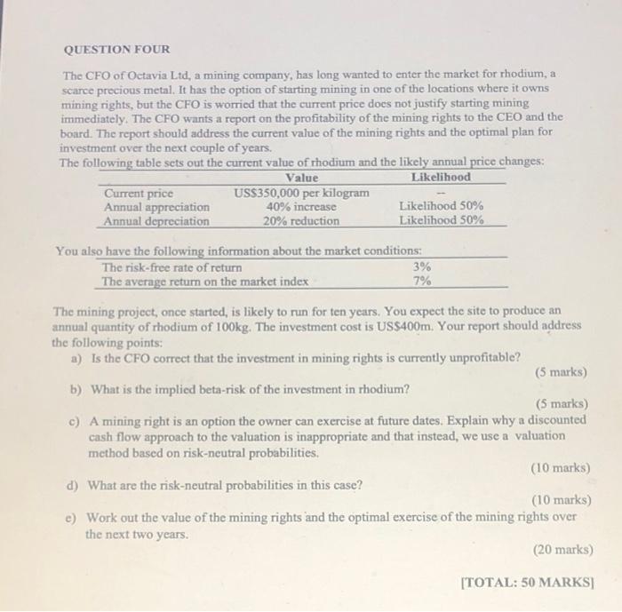 Question Four The Cfo Of Octavia Ltd A Mining Company Has Long Wanted To Enter The Market For Rhodium A Scarce Precio 1