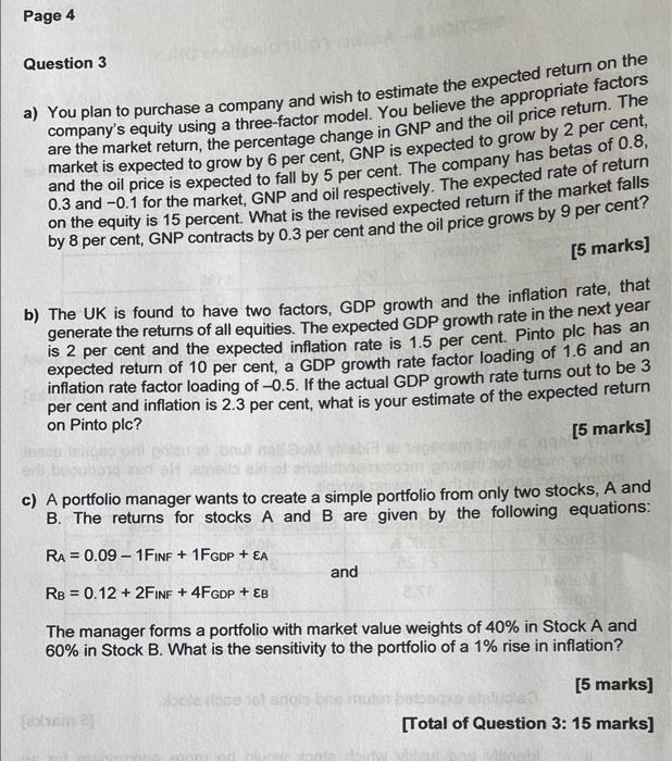 Page 4 Question 3 9 A You Plan To Purchase A Company And Wish To Estimate The Expected Return On The Company S Equity U 1