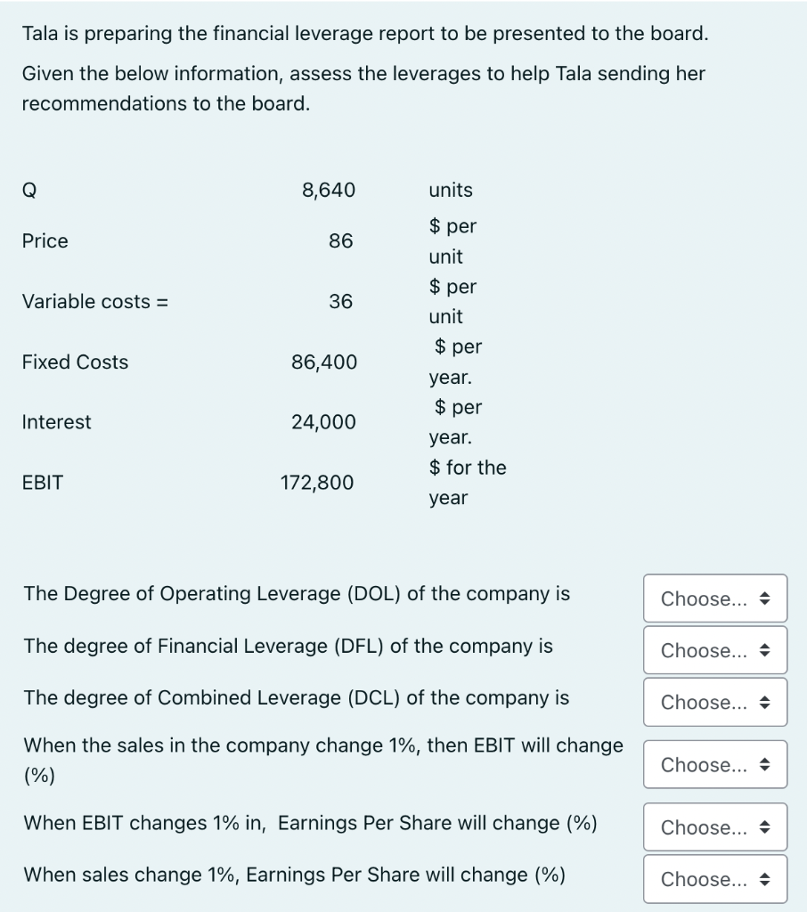 Tala Is Preparing The Financial Leverage Report To Be Presented To The Board Given The Below Information Assess The Le 1