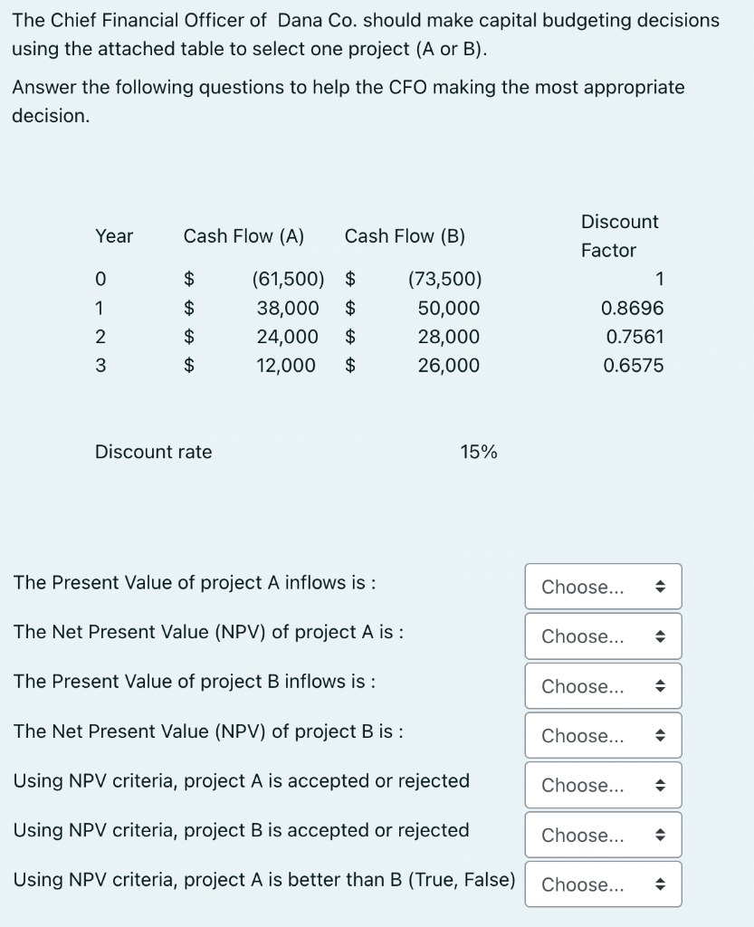 The Chief Financial Officer Of Dana Co Should Make Capital Budgeting Decisions Using The Attached Table To Select One P 1