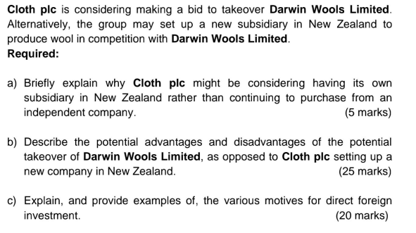 Cloth Plc Is Considering Making A Bid To Takeover Darwin Wools Limited Alternatively The Group May Set Up A New Subsid 1