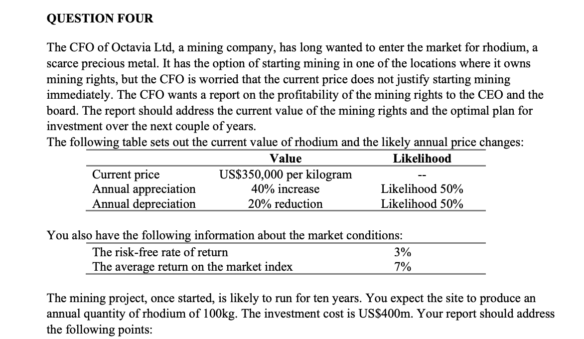 Question Four The Cfo Of Octavia Ltd A Mining Company Has Long Wanted To Enter The Market For Rhodium A Scarce Precio 1
