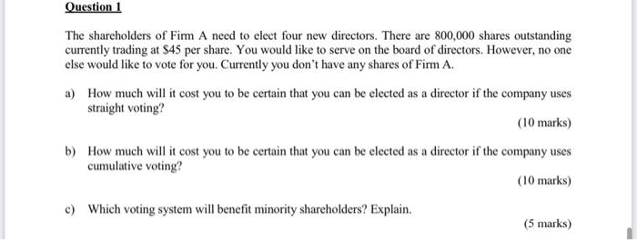 Question 1 The Shareholders Of Fimm A Need To Elect Four New Directors There Are 800 000 Shares Outstanding Currently T 1