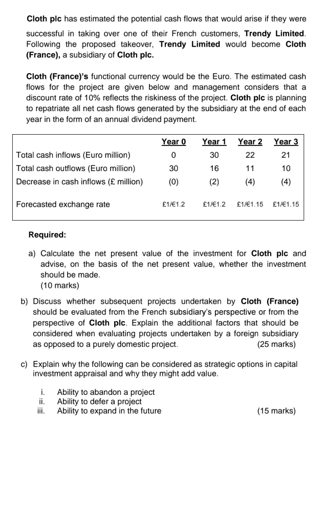 Cloth Plc Has Estimated The Potential Cash Flows That Would Arise If They Were Successful In Taking Over One Of Their Fr 1