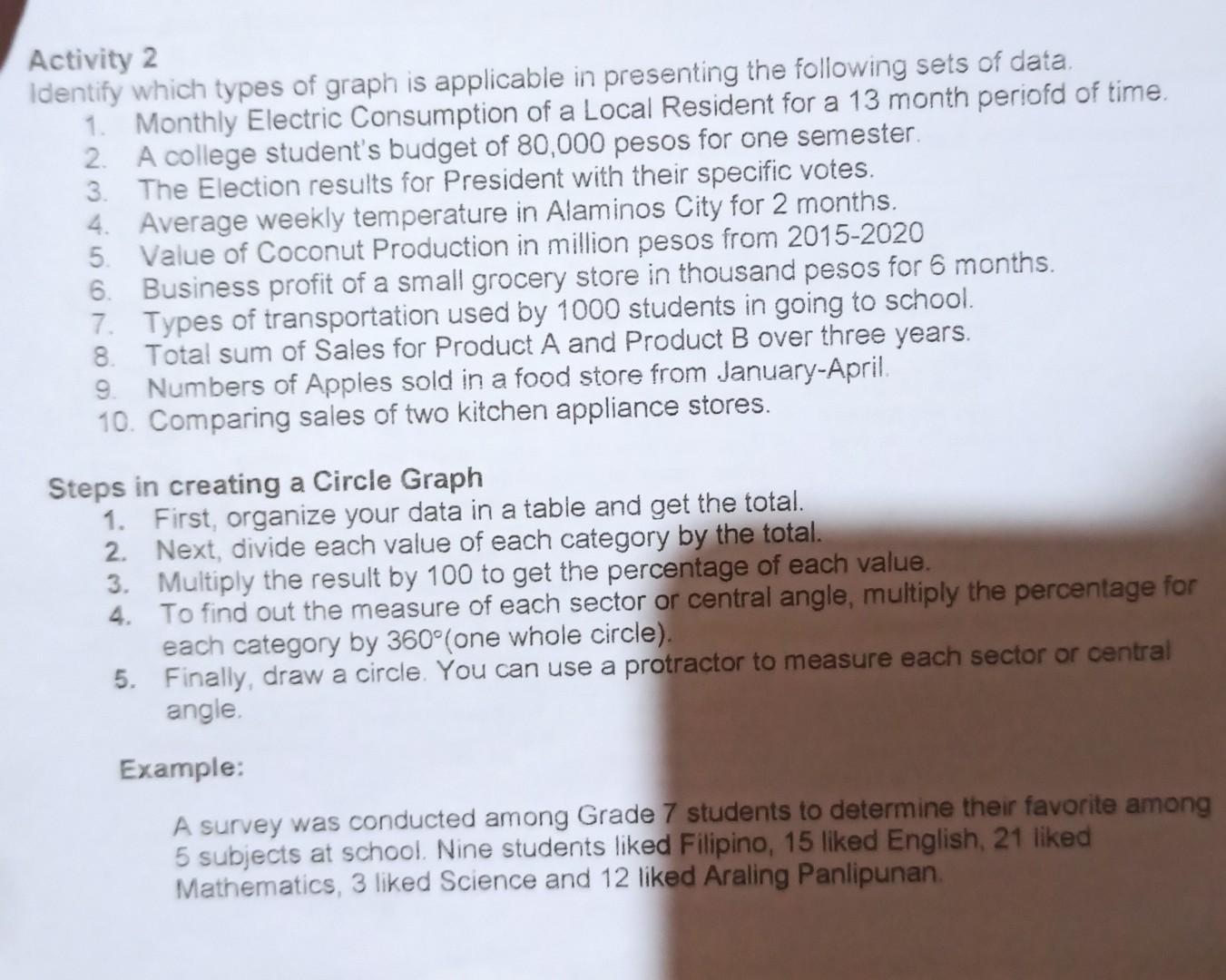 Activity 2 Identify Which Types Of Graph Is Applicable In Presenting The Following Sets Of Data 1 Monthly Electric Con 1