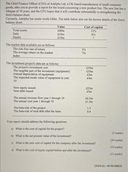 The Chief Finance Officer Cfo Of Adelpha Ltd A Uk Based Manufacturer Of Small Consumer Goods Asks You To Provide A R 1