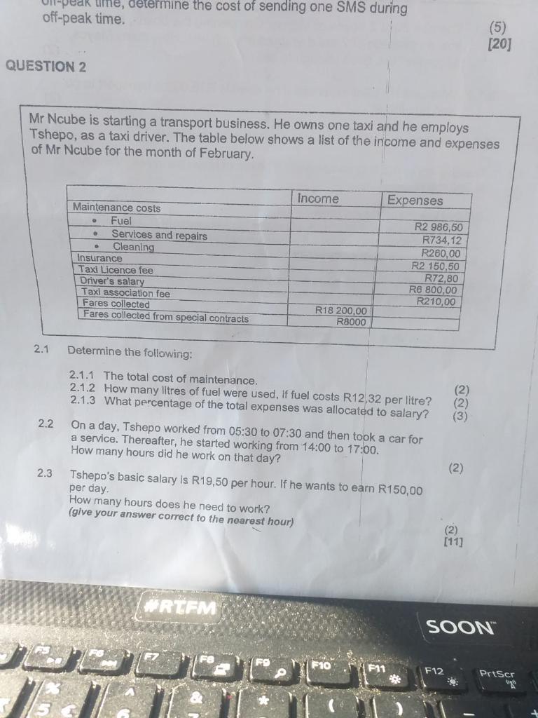 Ped Liine Determine The Cost Of Sending One Sms During Off Peak Time 5 20 Question 2 Mr Ncube Is Starting A Trans 1