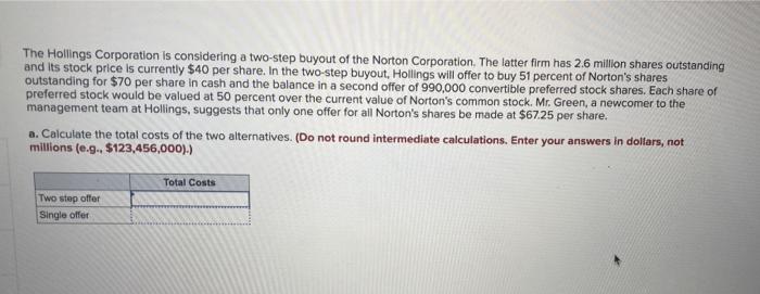 The Hollings Corporation Is Considering A Two Step Buyout Of The Norton Corporation The Latter Firm Has 2 6 Million Sha 1