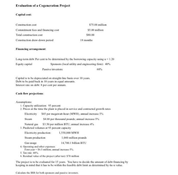 Evaluation Of A Cogeneration Project Capital Cost Construction Cost Commitment Fees And Financing Cost Total Constructi 1