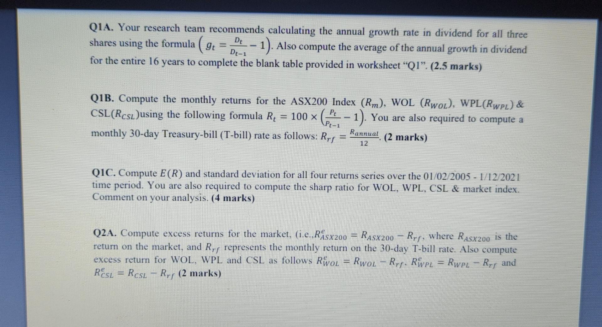 Q1a Your Research Team Recommends Calculating The Annual Growth Rate In Dividend For All Three Shares Using The Formula 1
