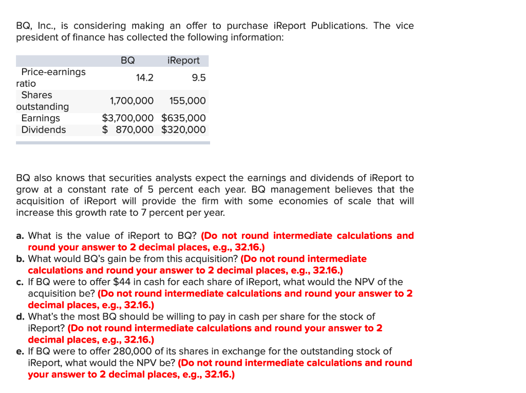 Bq Inc Is Considering Making An Offer To Purchase Report Publications The Vice President Of Finance Has Collected Th 1