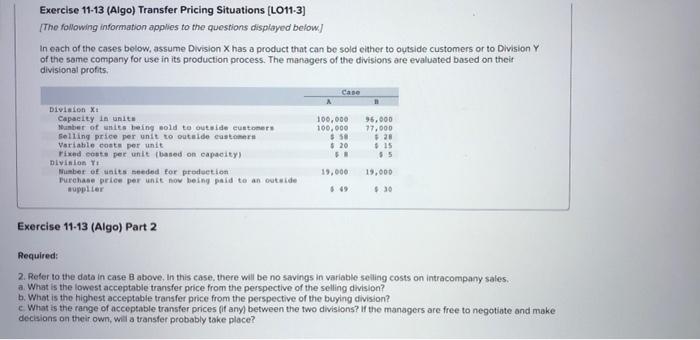 Exercise 11 13 Algo Transfer Pricing Situations Lo11 3 The Following Information Applies To The Questions Displayed 1