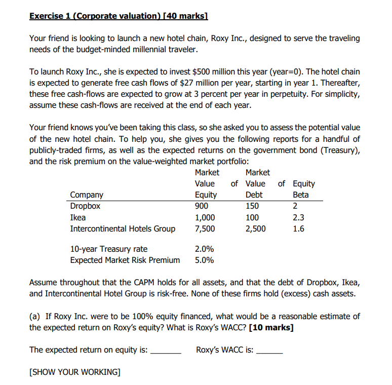 Exercise 1 Corporate Valuation 40 Marks Your Friend Is Looking To Launch A New Hotel Chain Roxy Inc Designed To S 1