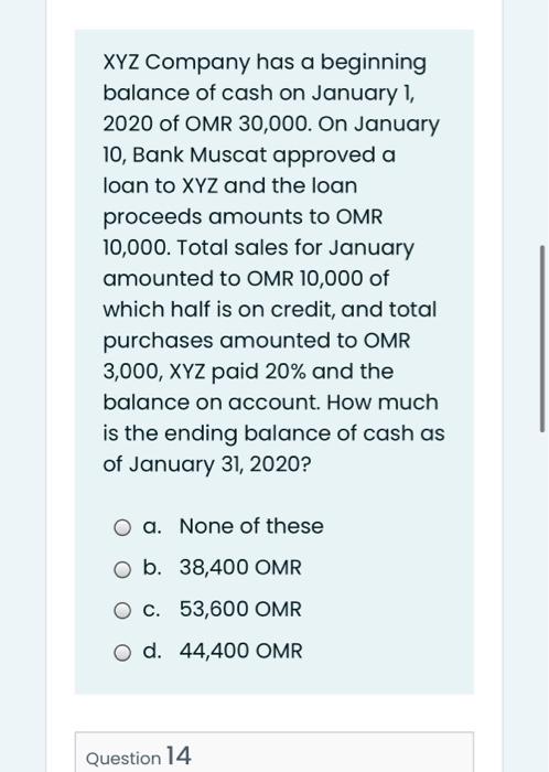 Xyz Company Has A Beginning Balance Of Cash On January 1 2020 Of Omr 30 000 On January 10 Bank Muscat Approved A Loan 2
