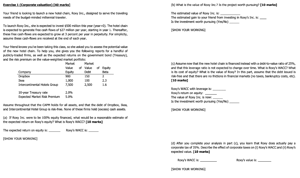 Exercise 1 Corporate Valuation 40 Marks Your Friend Is Looking To Launch A New Hotel Chain Roxy Inc Designed To S 1