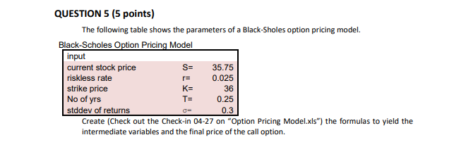 Question 5 5 Points The Following Table Shows The Parameters Of A Black Sholes Option Pricing Model Black Scholes Opt 1
