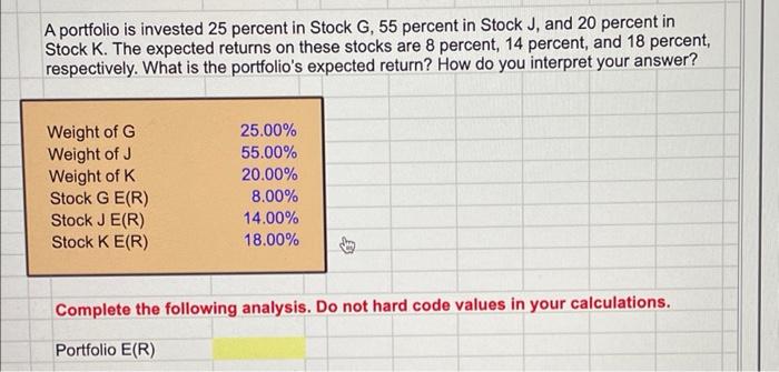 A Portfolio Is Invested 25 Percent In Stock G 55 Percent In Stock J And 20 Percent In Stock K The Expected Returns On 1