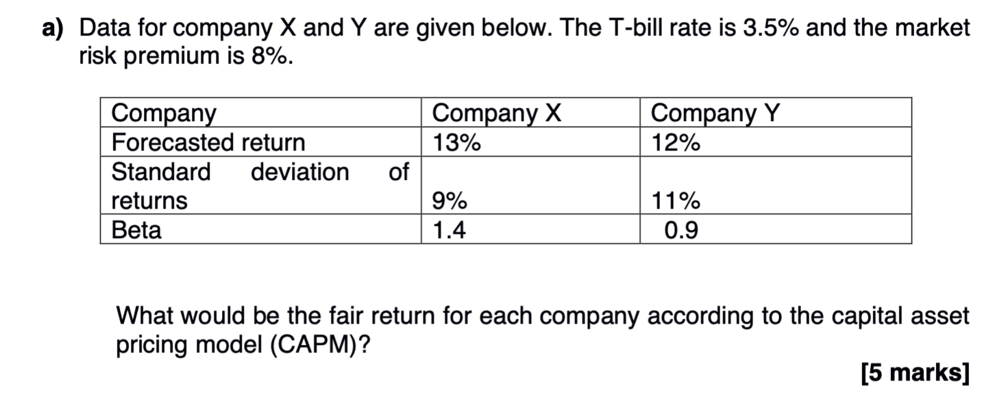 A Data For Company X And Y Are Given Below The T Bill Rate Is 3 5 And The Market Risk Premium Is 8 Company X 13 Co 1