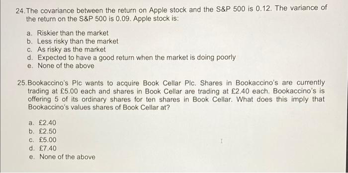24 The Covariance Between The Return On Apple Stock And The S P 500 Is 0 12 The Variance Of The Return On The S P 500 1