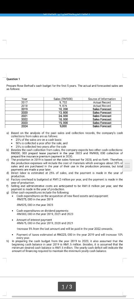 Nurulut Question 1 Prepare Rose Berhad S Cash Budget For The First 5 Years The Actual And Forecasted Sales Are As Follo 1
