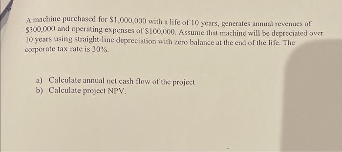A A Machine Purchased For 1 000 000 With A Life Of 10 Years Generates Annual Revenues Of 300 000 And Operating Expens 1