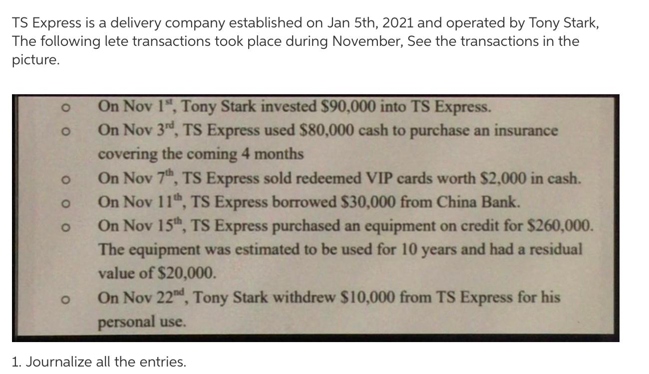 Ts Express Is A Delivery Company Established On Jan 5th 2021 And Operated By Tony Stark The Following Lete Transaction 1