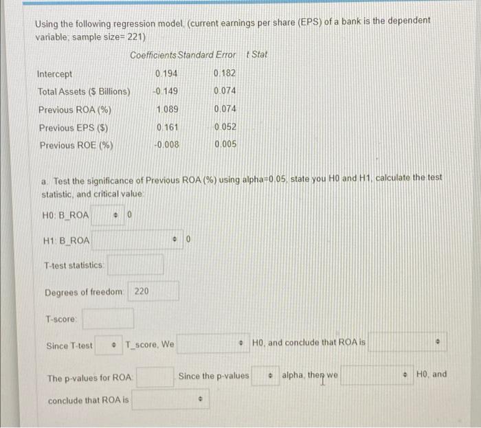 Using The Following Regression Model Current Earnings Per Share Eps Of A Bank Is The Dependent Variable Sample Size 1