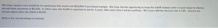 Wsi Corp Needs A New Forkin For Its Warehouse That Would Cost 23 000 If Purchased Outright Us Corp Has The Opportunity 1