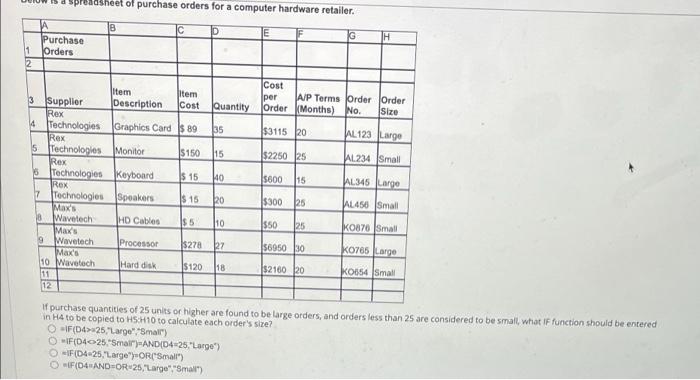 Heet Of Purchase Orders For A Computer Hardware Retailer B G Purchase Orders 11 2 Cost Per A P Terms Order Order Order 2
