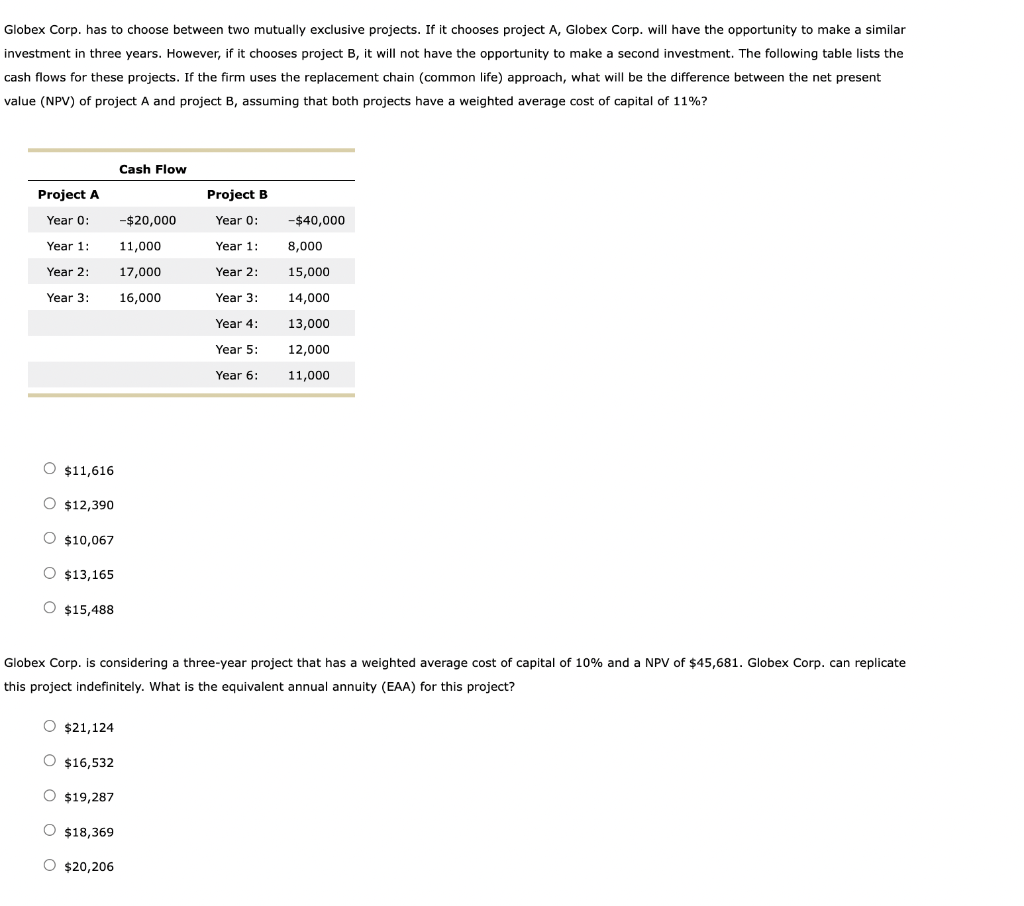 Globex Corp Has To Choose Between Two Mutually Exclusive Projects If It Chooses Project A Globex Corp Will Have The 1