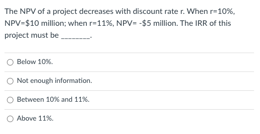 The Npv Of A Project Decreases With Discount Rate R When R 10 Npv 10 Million When R 11 Npv 5 Million The Irr O 1