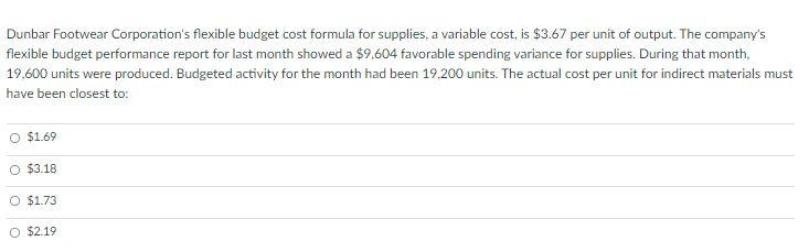 Dunbar Footwear Corporation S Flexible Budget Cost Formula For Supplies A Variable Cost Is 3 67 Per Unit Of Output T 1