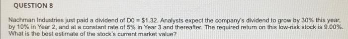 Question 8 Nachman Industries Just Paid A Dividend Of Do 1 32 Analysts Expect The Company S Dividend To Grow By 30 1