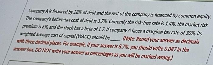 Company A Is Financed By 28 Of Debt And The Rest Of The Company Is Financed By Common Equity The Company S Before Tax 1