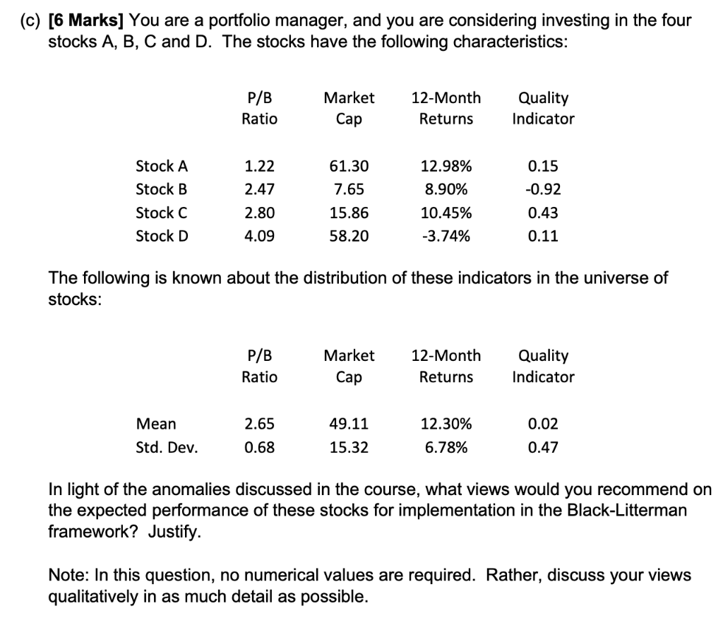 C 6 Marks You Are A Portfolio Manager And You Are Considering Investing In The Four Stocks A B C And D The Stock 1