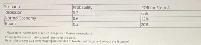 Probability 0 2 Scenario Recession Normal Economy Boom Ror For Stock A 5 12 20 0 6 0 2 Please Note That The Rate Of 1