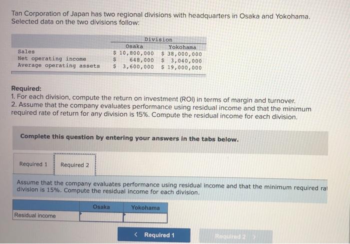 Tan Corporation Of Japan Has Two Regional Divisions With Headquarters In Osaka And Yokohama Selected Data On The Two Di 1