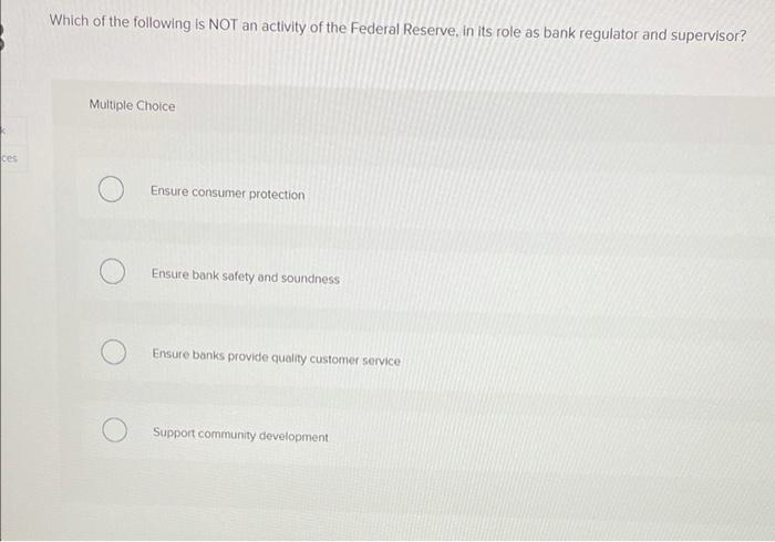 Which Of The Following Is Not An Activity Of The Federal Reserve In Its Role As Bank Regulator And Supervisor Multiple 1