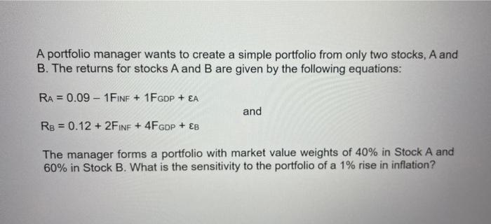 A Portfolio Manager Wants To Create A Simple Portfolio From Only Two Stocks A And B The Returns For Stocks A And B Are 1