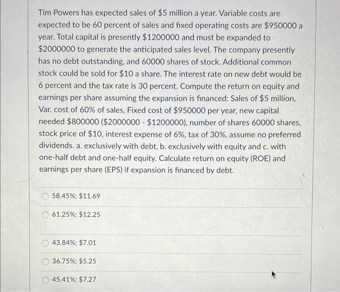 Tim Powers Has Expected Sales Of 5 Million A Year Variable Costs Are Expected To Be 60 Percent Of Sales And Fixed Oper 1