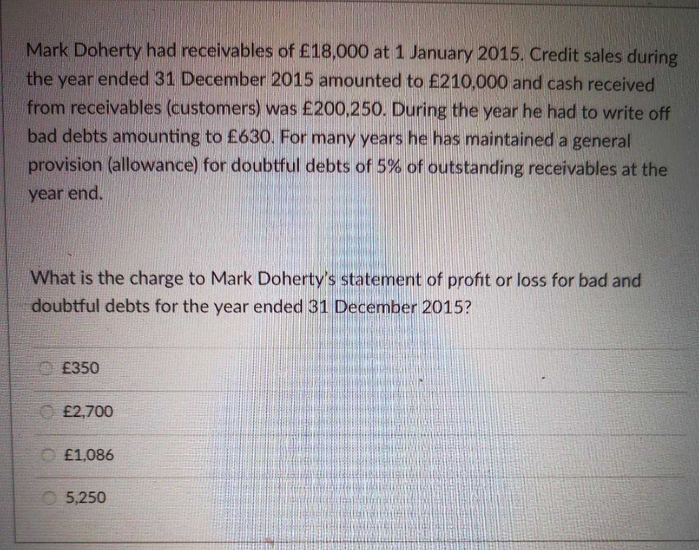 Mark Doherty Had Receivables Of 18 000 At 1 January 2015 Credit Sales During The Year Ended 31 December 2015 Amounted 1