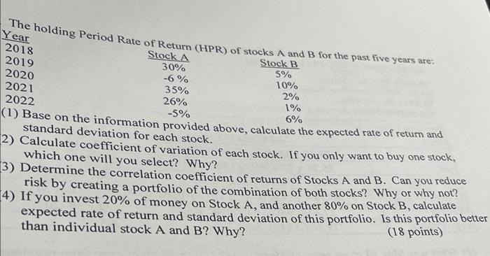 The Holding Period Rate Of Return Hpr Of Stocks A And B For The Past Five Years Are Year Stock A 2018 2019 2020 2021 1