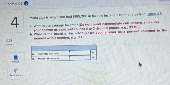 Chapter 02 0 Maria Lipa Is Single And Had 195 200 In Taxable Income Use The Rates From Table 2 3 4 A What Is The Ave 1