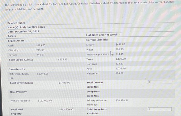 The Following Is A Partial Balance Sheet For Andy And Kim Garza Complete The Balance Sheet By Determining Their Total A 1