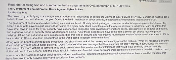 1 Points View Save Answer Read The Following Text And Summarize The Key Arguments In One Paragraph Of 80 120 Words The 1