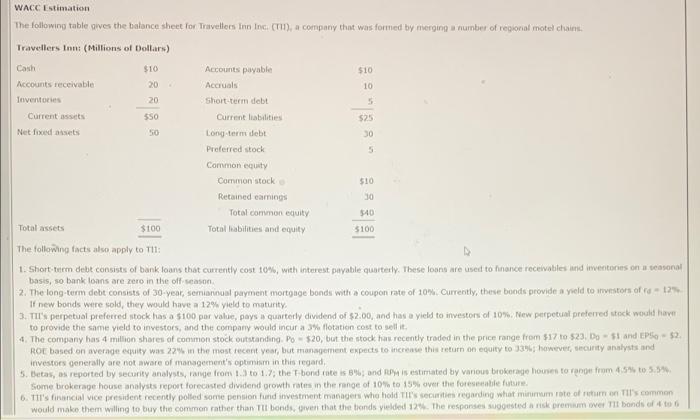 Wacc Estimation The Following Table Gives The Balance Sheet For Travellers Inn Inc Th A Company That Was Formed By M 1