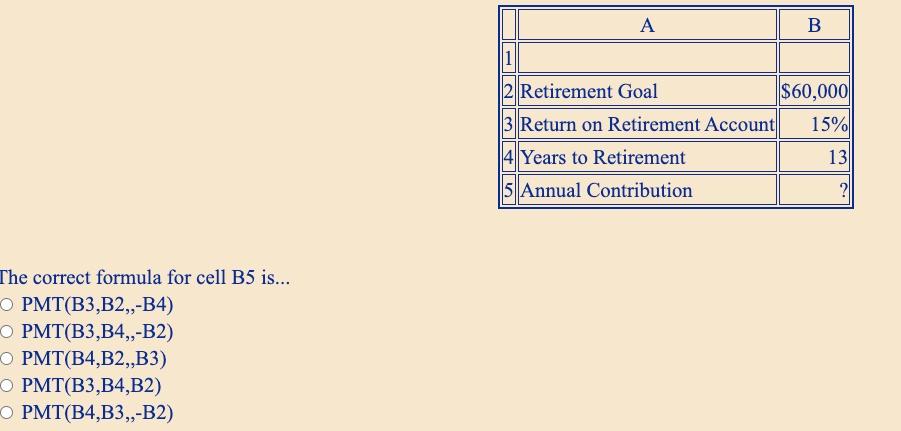 A B 1 12 Retirement Goal 60 000 13 Return On Retirement Account 15 14 Years To Retirement 13 5 Annual Contribution 1