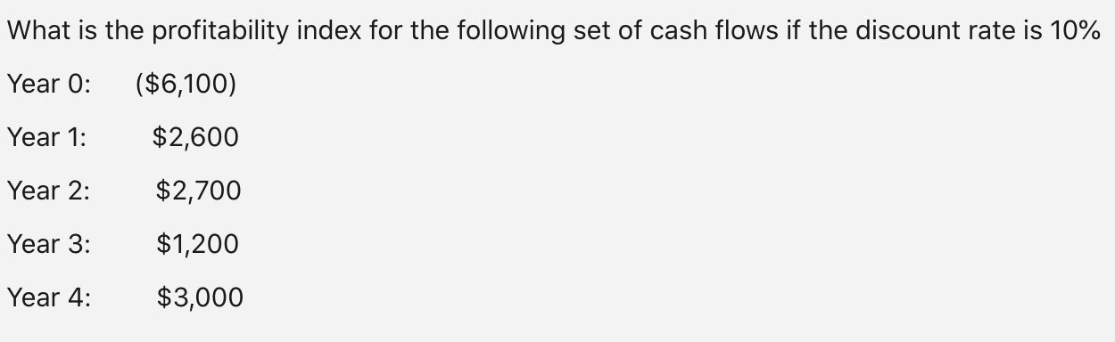 What Is The Profitability Index For The Following Set Of Cash Flows If The Discount Rate Is 10 Year 0 6 100 Year 1 1